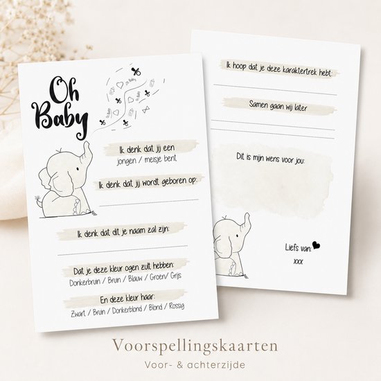 Deux cartes de prédiction de bébé avec le texte 'Oh Baby' et un petit éléphant. Une carte pour 'je pense que...', l'autre pour 'j'espère que...'.