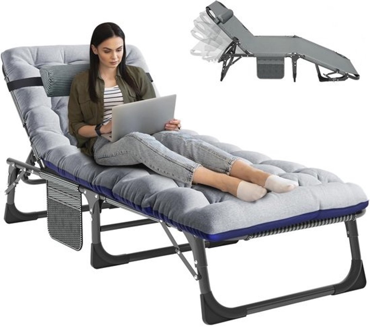 Opklapbed 190 x 68 cm - Opvouwbaar Eenpersoonsbed met Verstelbare Rugleuning en Zijvak