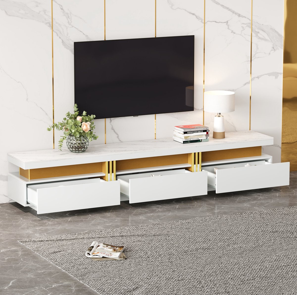Wishdor Tv-meubel - Wit met marmereffect en hoogglans - Met lades en open vak - Moderne stijl - Woonkamer - Bewerkt hout met metaal - 200 x 40 x 42 cm