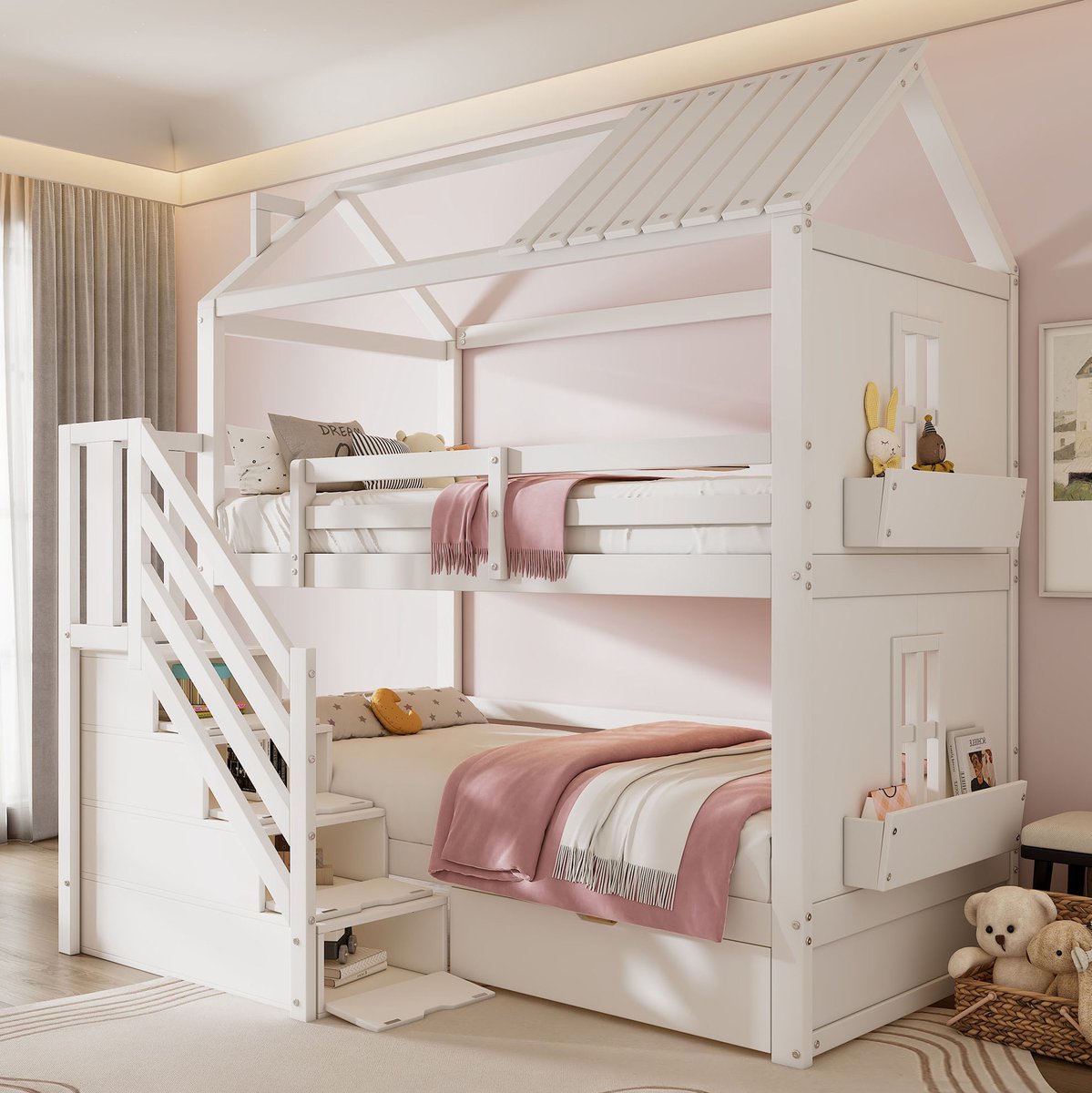 Wishdor Stapelbed 90x200 cm - Kinderbed met opbergruimte - Met opbergtrap, lades en planken - Huisvormig design - Kinderkamer slaap speel opbergen - Hout en MDF - Wit