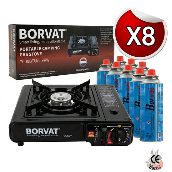 Zwarte draagbare camping gasbrander met 8 gasflessen, met 'BORVAT' logo en 'X8'.
