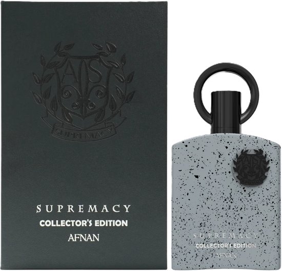 Grijze parfumfles met spikkels en verpakking. Tekst: 'SUPREMACY COLLECTOR'S EDITION AFNAN'.