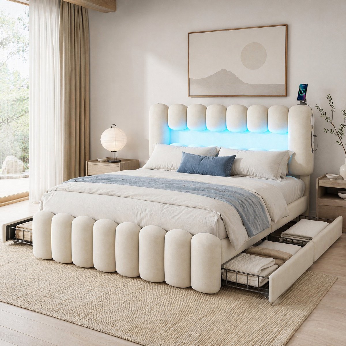 Wishdor Gestoffeerd bed 160 x 200 cm - 4 lades en LED-verlichting - USB en speakers - Modern slaapkamerontwerp - Opbergbed met MDF en stof - Beige - 221 x 171 x 131,5 cm