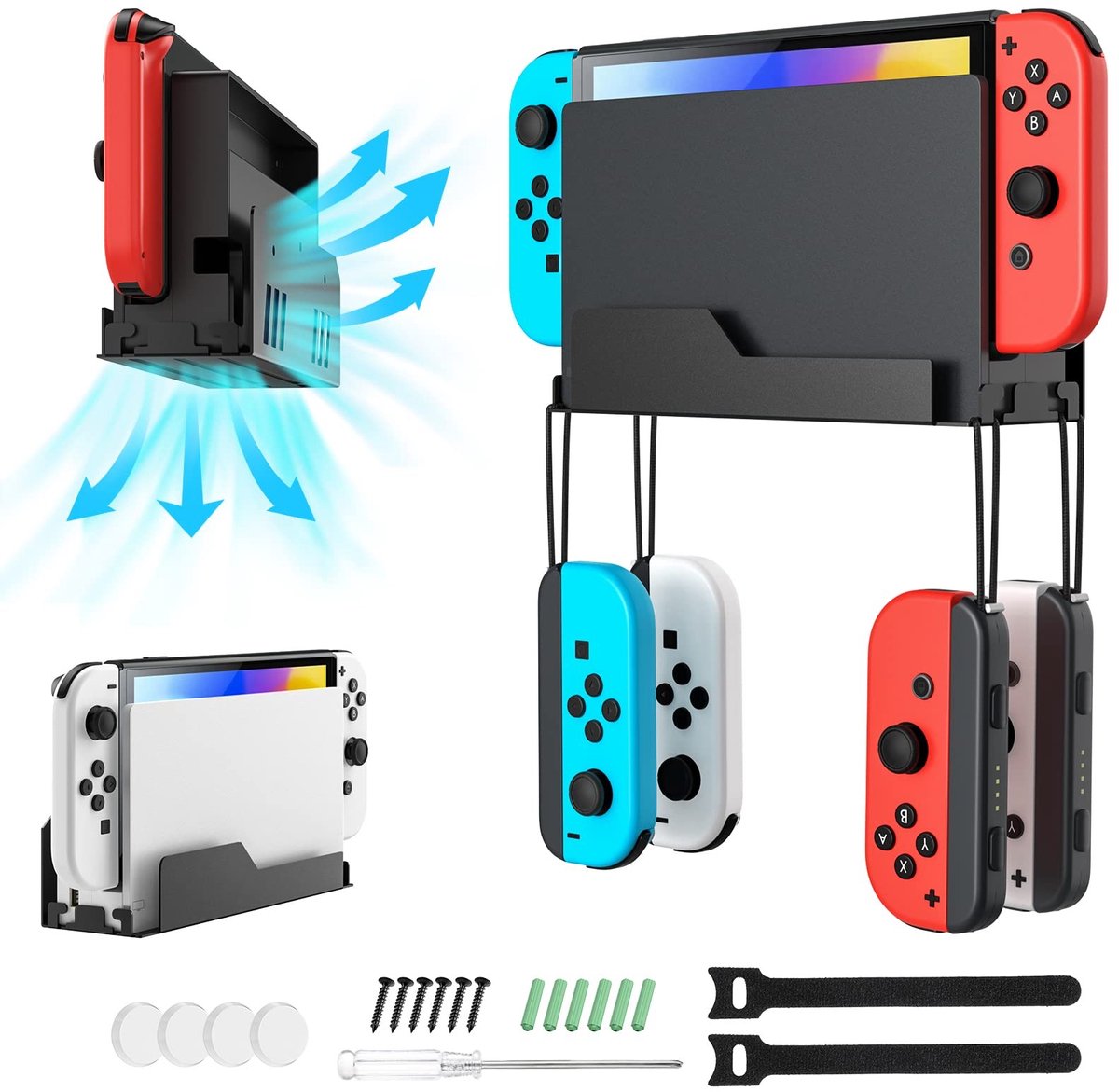Inovra - MoKo Wandhouder voor Nintendo Switch/Switch OLED, metalen houder met 4 Joy-Con haken, snelle warmteafvoer gaten, opslag van de switch in de buurt of achter de tv, zwart