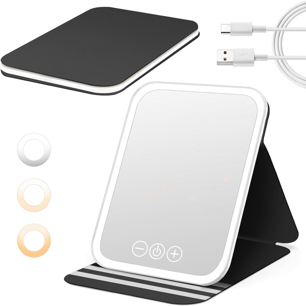 Thijox - Verlichte Make-upspiegel, Oplaadbare Draagbare Spiegel, Ultra HD Opvouwbare Reisspiegel met 3 Lichtkleuren en Instelbare Helderheid voor Thui