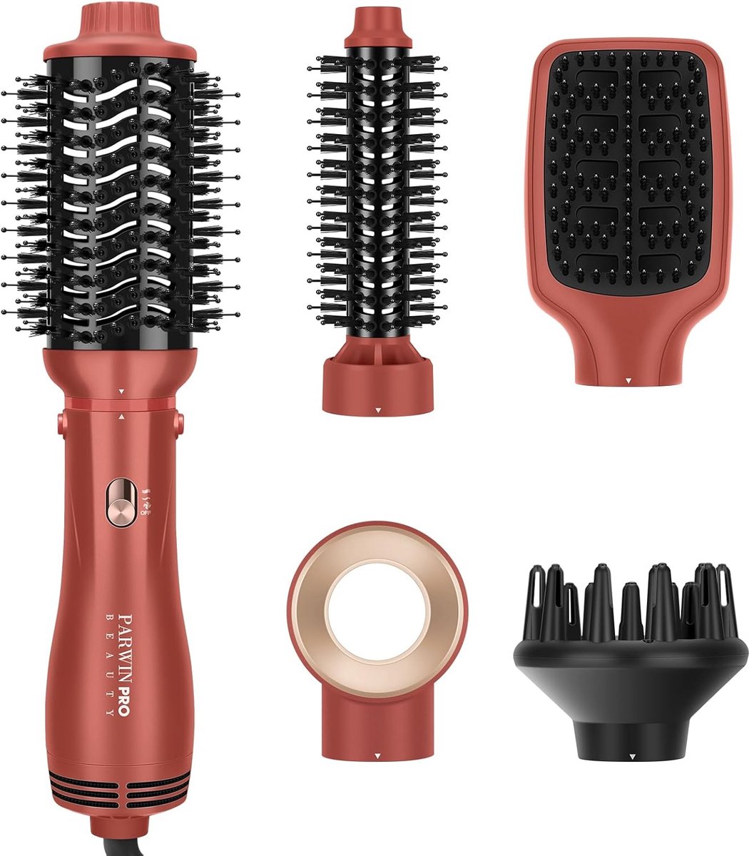 Thijox - PARWIN PRO BEAUTY 5-in-1 Haardroger Warmluchtborstelset met 5 Opzetstukken, Föhnborstel, Ionentechnologie, 1100 Watt, Koraalkleur voor Drogen