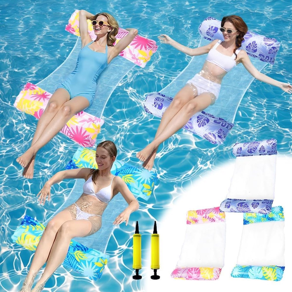 Luchtmatras set van 3, opblaasbare waterhangmat voor volwassenen en kinderen, ideaal voor zwembad en strand, comfortabele zwembadaccessoires en drijvende loungers