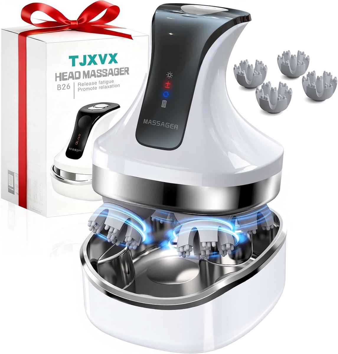 Thijox - Elektrisch Hoofdhuidmassageapparaat 4D met 108 Siliconen Kneetknopen, Draadloze Nacken- en Schoudermassager, IPX7 Waterdicht, 4 Modi, Stressv