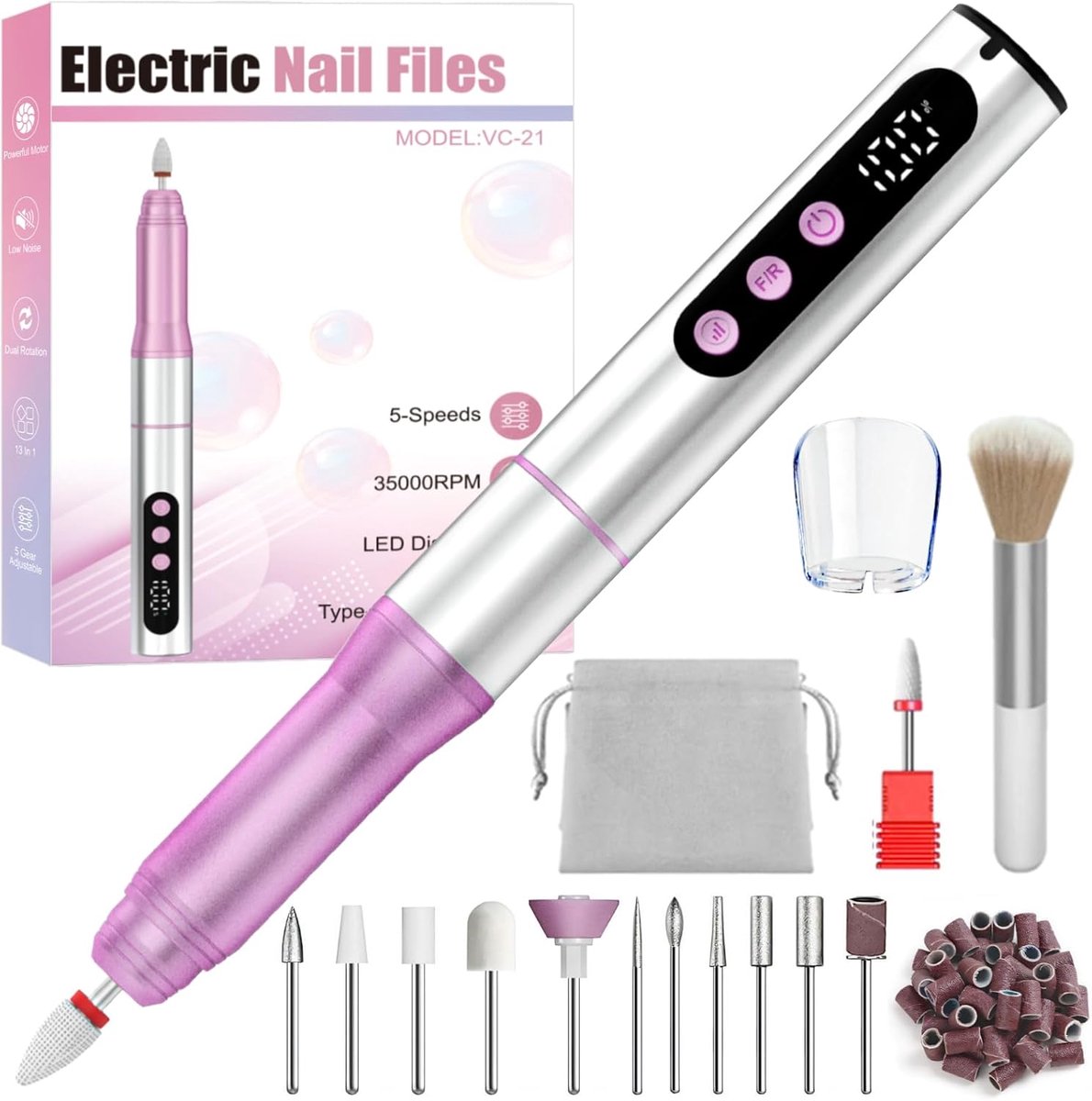 Thijox - Draadloze elektrische nagelboor 13-in-1 set 35000 RPM, professionele manicure-pedicure met LED-display, oplaadbare nagelvijlset voor acryl en