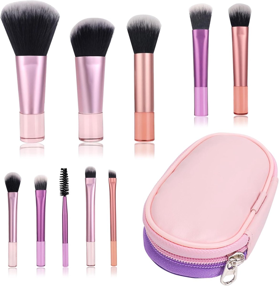 Thijox - 10 Mini Make-upkwasten voor op Reis, Draagbare Cosmetische Kwastenset met PU Tas, Roze-Paars, Perfect voor Feest en Dagelijks Gebruik