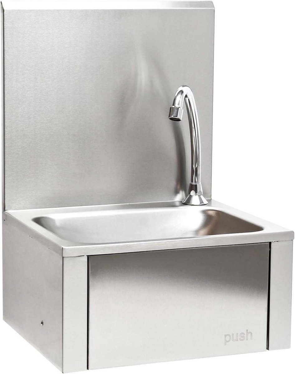 Thijox - Roestvrij Stalen Gastro Wastafel met Spatscherm, Hygiënische Kniebediening, Wandmontage voor Horeca, Ziekenhuizen en Catering