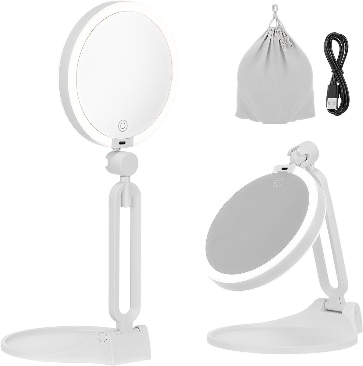 Thijox - Vergrootspiegel met LED-verlichting, dubbelzijdig 10x/1x, oplaadbaar via USB-C, 3 kleurtemperaturen, instelbare helderheid, opvouwbaar en dra