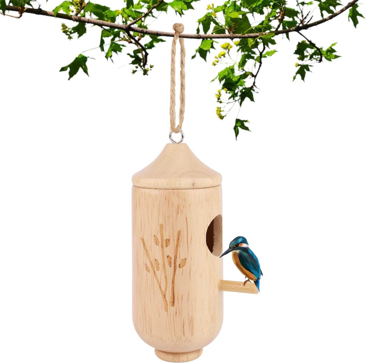 Houten Kolibriehuis met Touw voor Buiten, Ideaal als Tuindecoratie en Vogelhuisje voor Kolibries