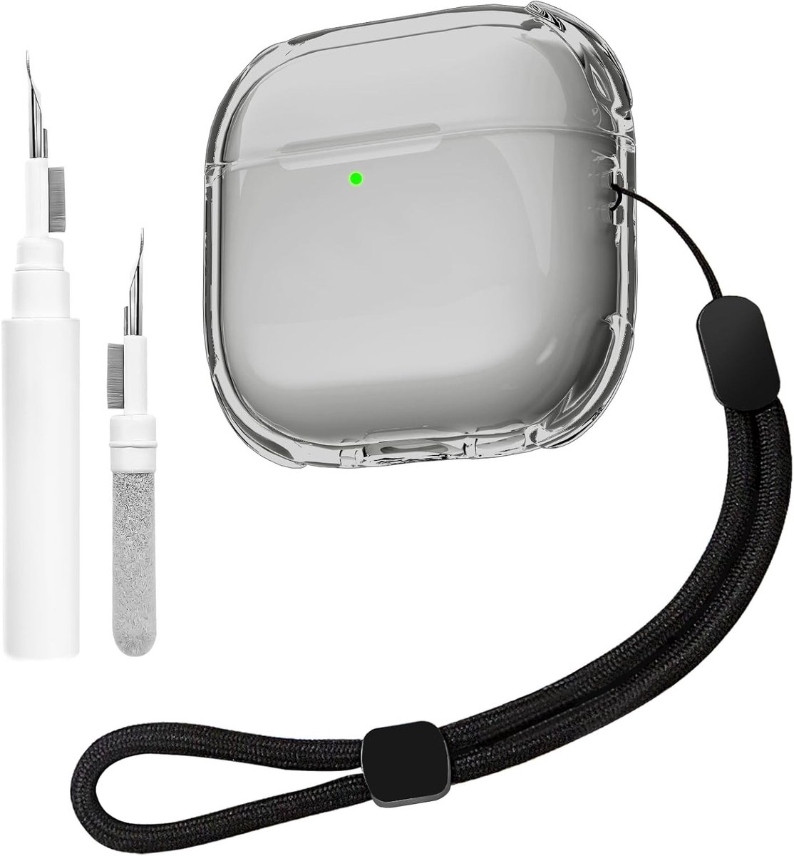 Transparante Beschermhoes voor AirPods 4 met Schoonmaakset, Zachte TPU Case, Handriem en Draadloos Opladen, Schokbestendig en Duurzaam (Zwart)