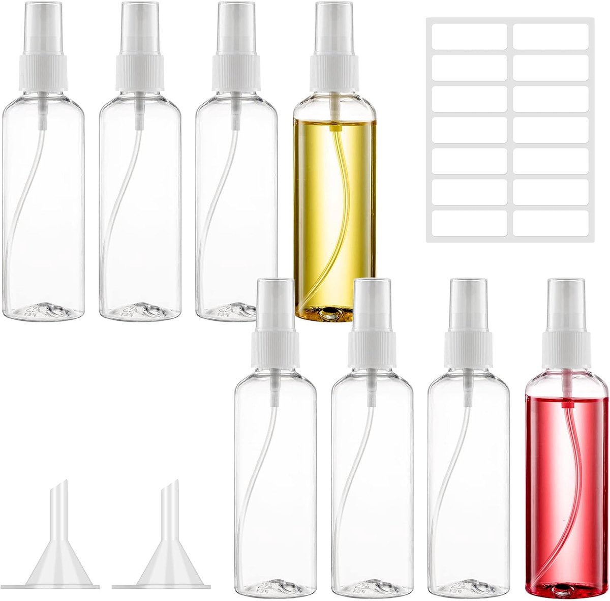 Thijox - 8 Stuks 100 ml Spuitflessen Set - Draagbare Reisflessenset met Trechter voor Parfum, Water, Alcohol en Hydraterend Water - Ideaal voor Campin