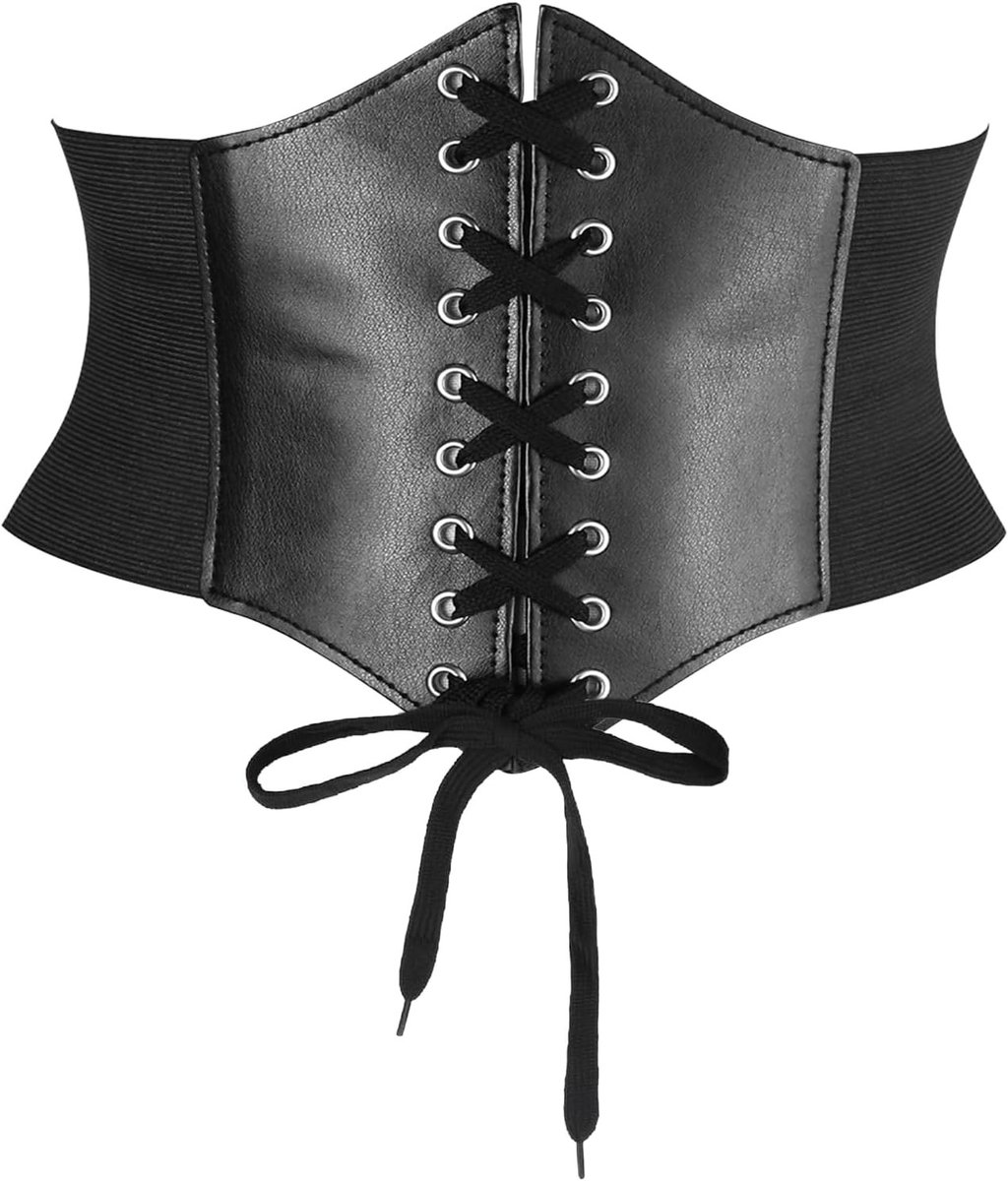 Elegante Zwarte Corset Tailleband voor Dames - Elastische Tailleband met Vetersluiting en Gestreept Design voor Kostuums en Feestjes (XL)