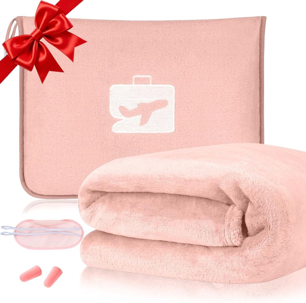 Reisdeken en Kussen 2-in-1 155x130cm, Zachte Ultralichte Deken voor Vliegtuig, Perfect voor Vakantie, Kantoor en Thuisgebruik (Roze)
