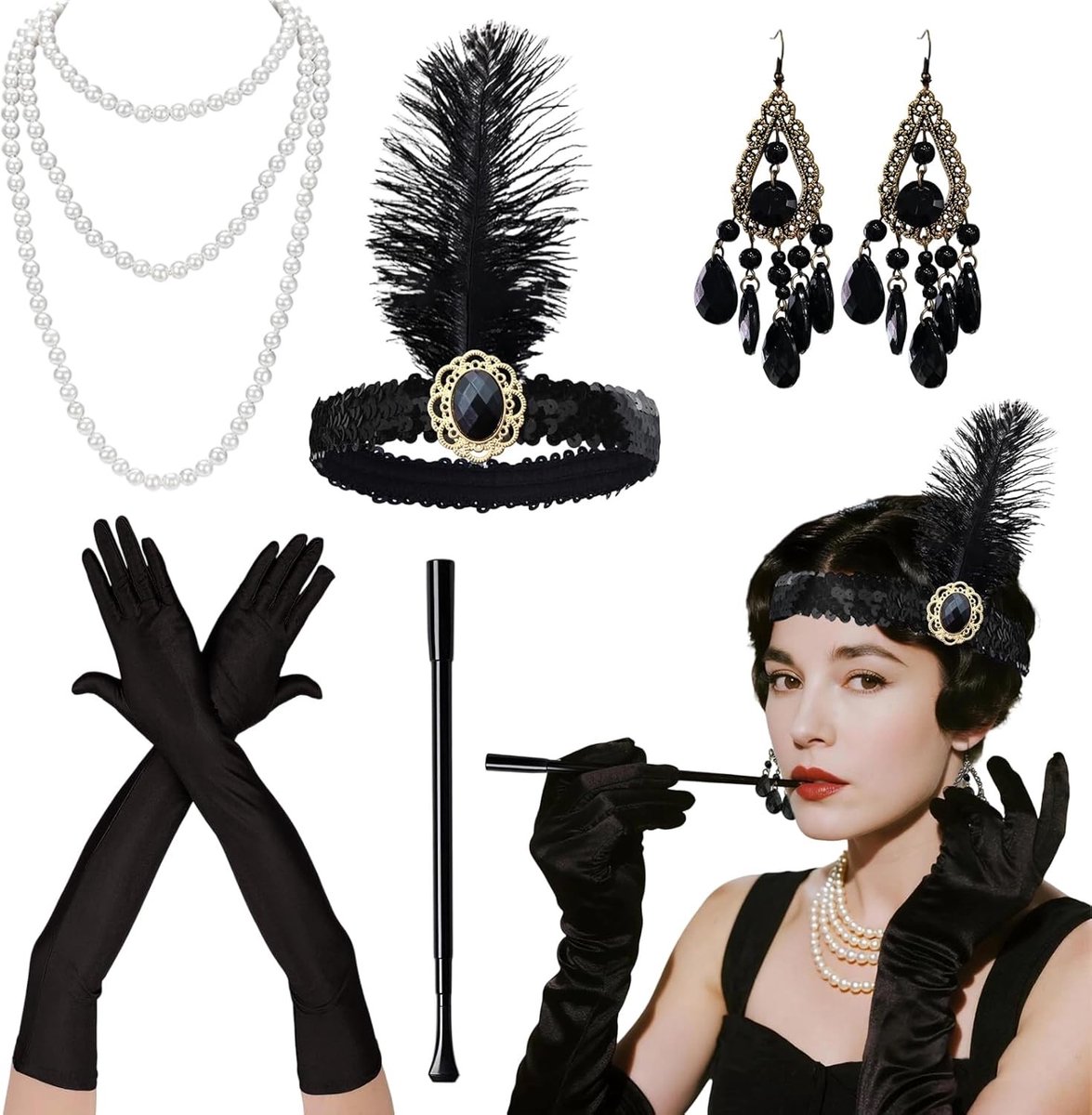 Vijfdelige vintage accessoires set voor de jaren 20, inclusief flapper hoofdband, handschoenen, parelketting en oorbellen voor Halloween kostuums