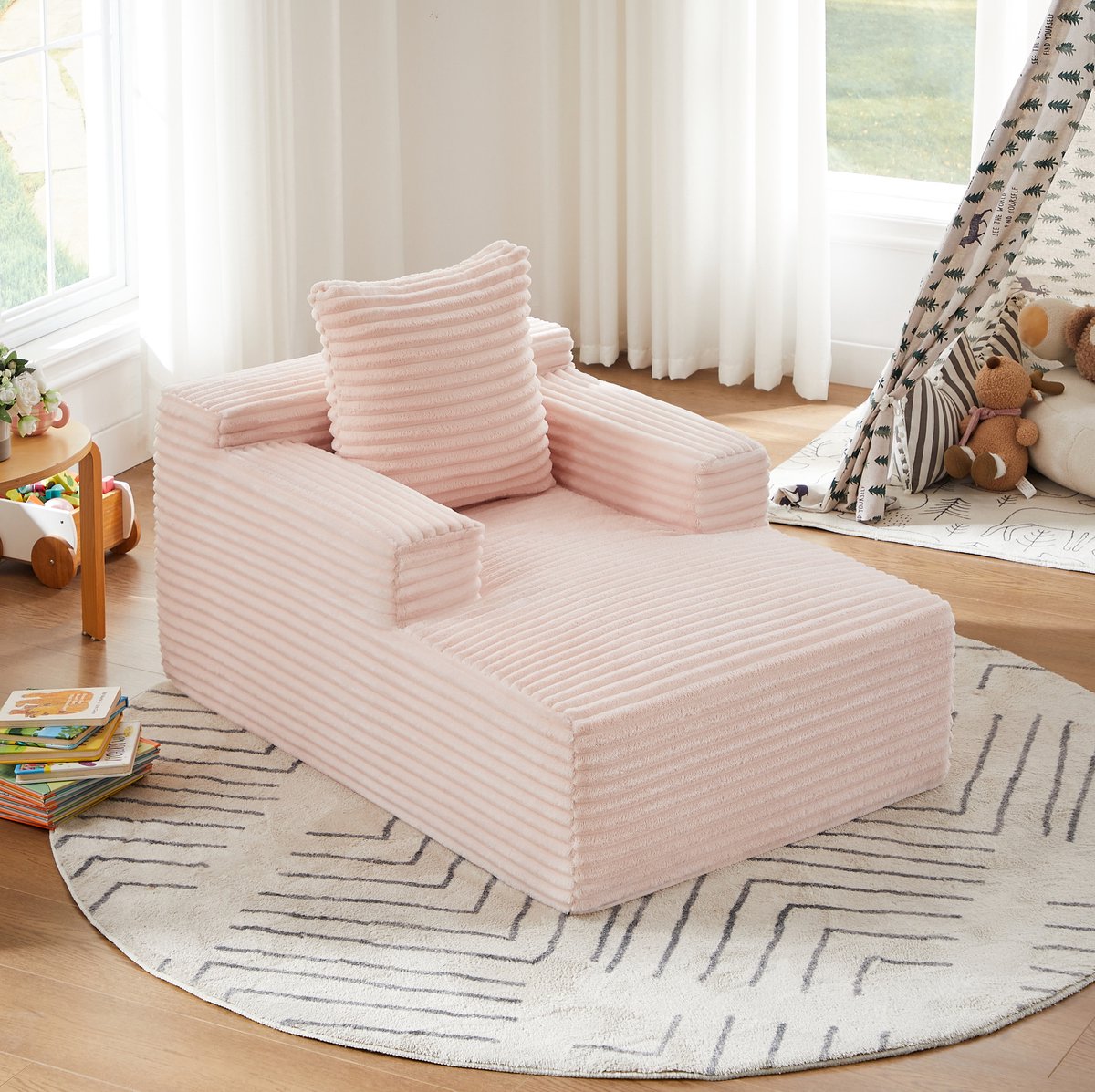 FloraGrace Chaise Longue 117 x 81 x 50 cm - 1-Zits Relaxstoel En Slaapsofa Zonder Montage - Voor Woonkamer, Kantoor Of Appartement - Ribstof - Roze