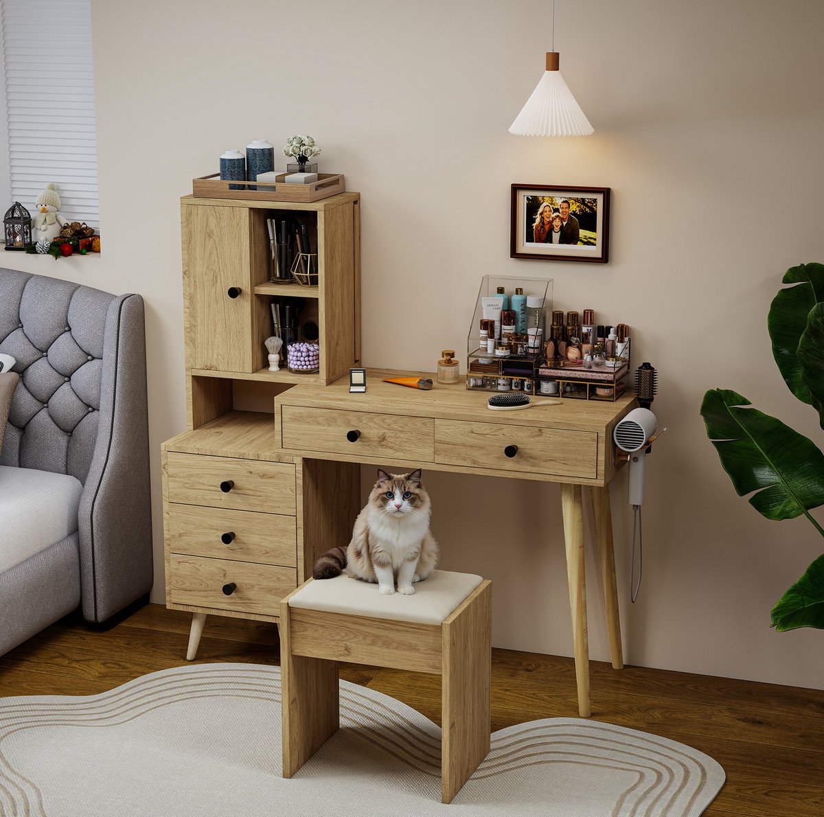 HAUSS SPOLE Kaptafel - Uitschuifbaar Met Inschuifbare Spiegel En 5 Lades - Met Zijkast Voor Slaapkamer - Houtlook - 84x40x120 Cm - Naturel Beige