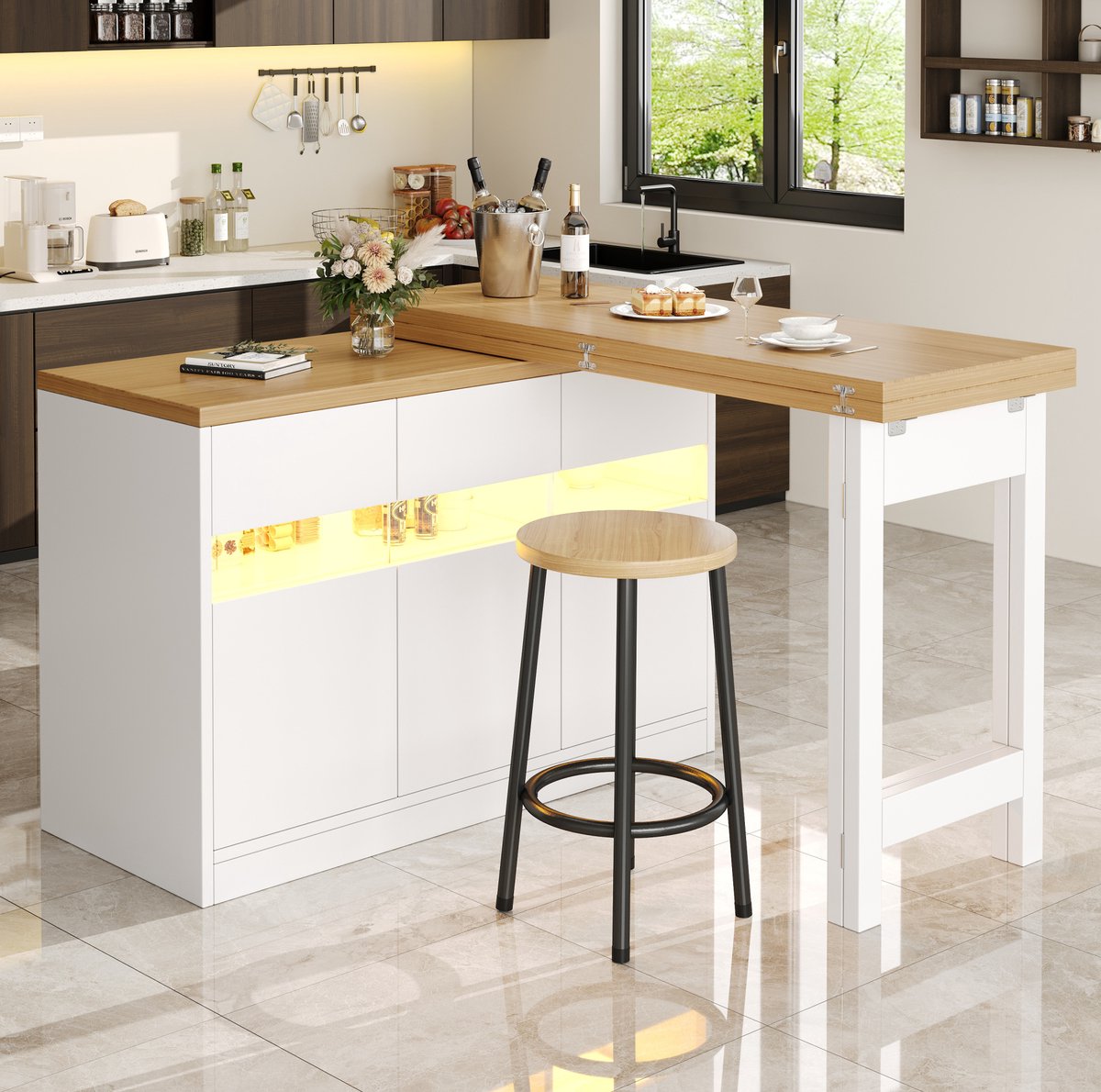 DESMIU Bartafel - Uitschuifbaar Met Ledverlichting En Draaifunctie - Met Opbergruimte Voor Keuken En Woonkamer - MDF - 120-180x40x71,5 Cm - Wit Naturel