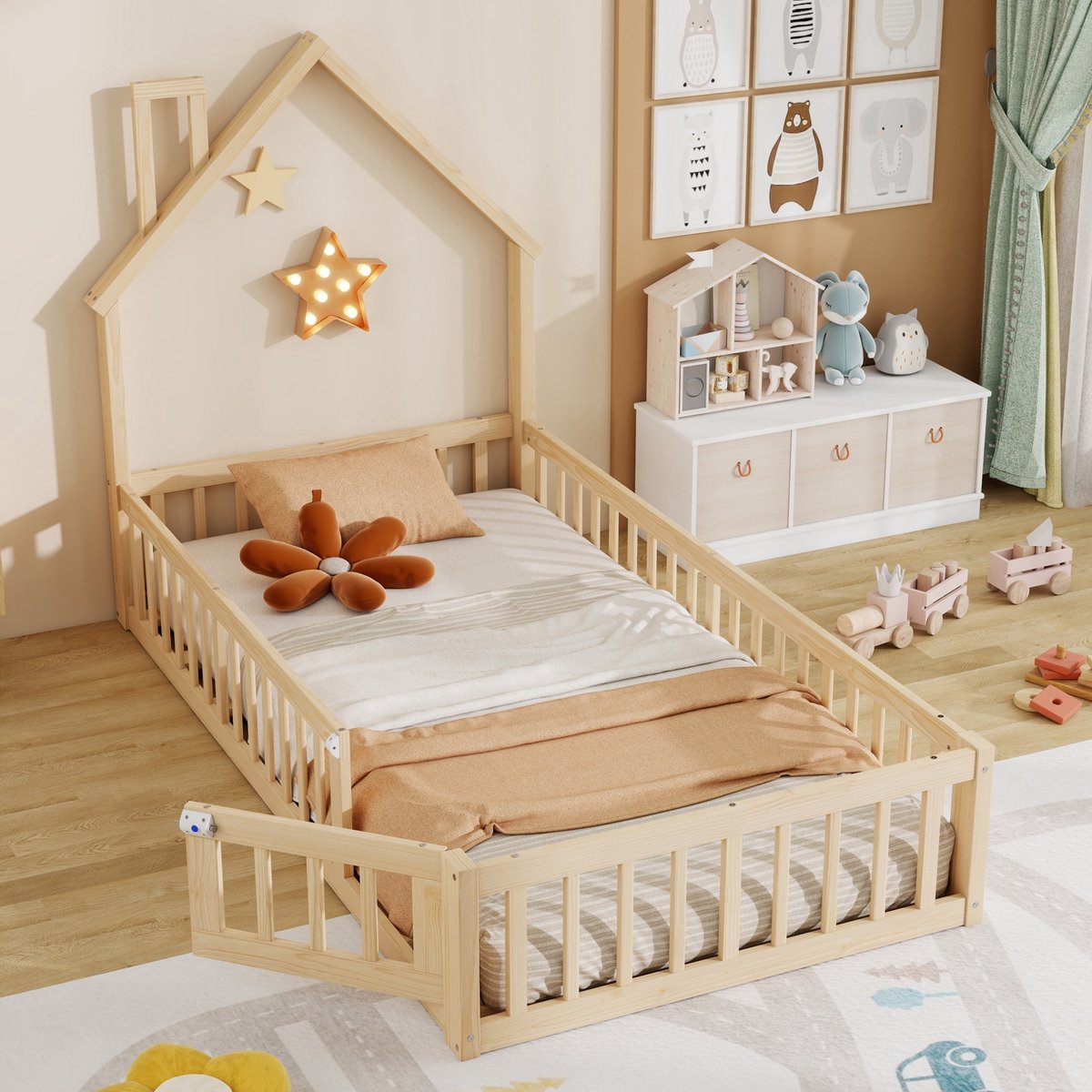 MEUNIQ Kinderbed huisbed 90 x 200 cm met schoorsteenvorm, veiligheidshek en lattenbodem, e