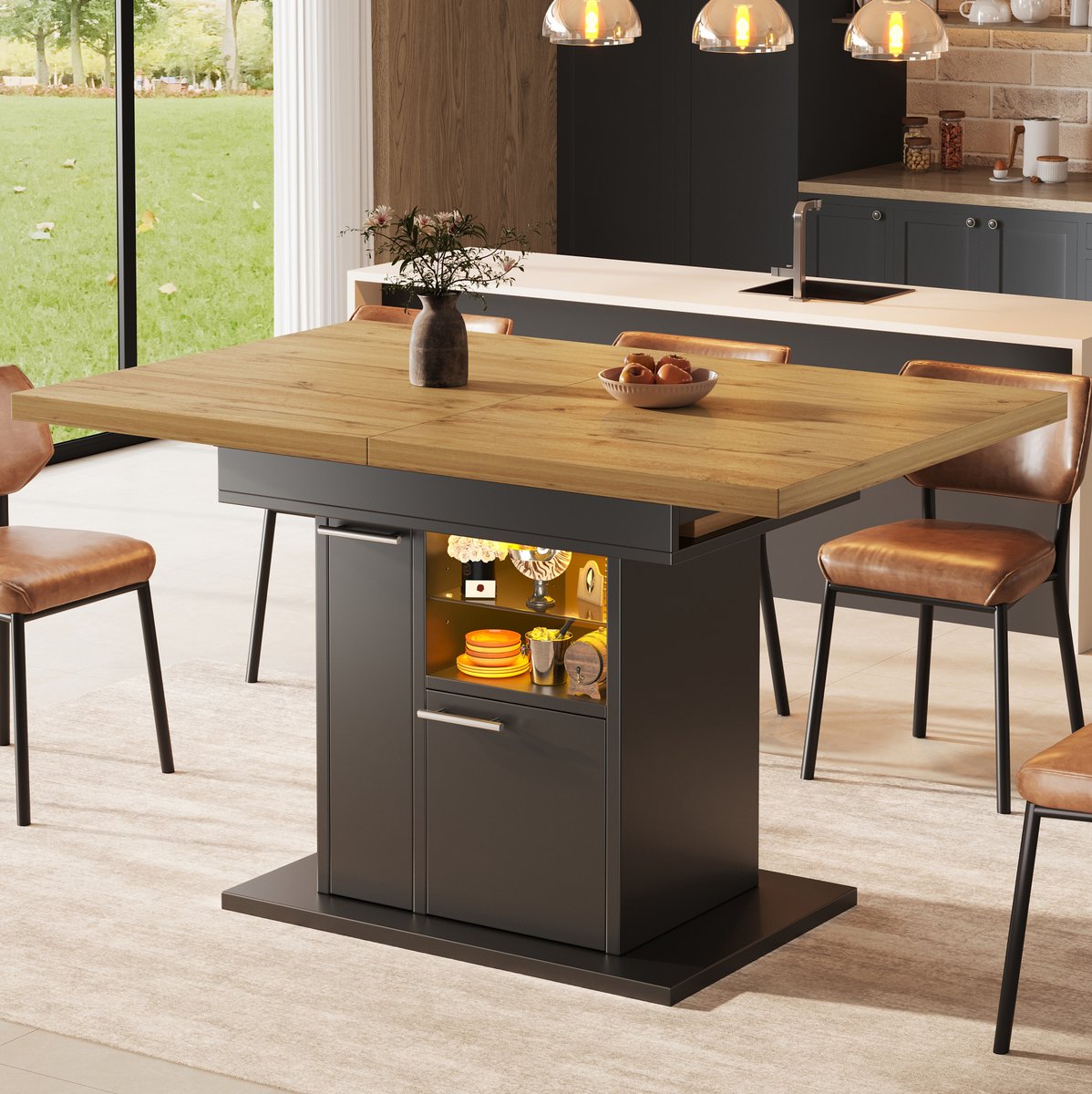 HAUSS SPOLE Eettafel - Uitschuifbaar Met Opbergruimte En Ledverlichting - Voor Kleine Ruimtes En 4 Tot 6 Personen - MDF - 140x80x77,2 Cm - Zwart