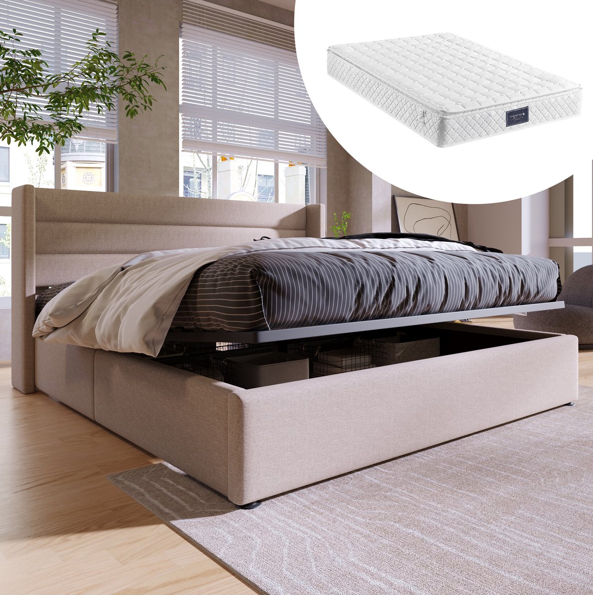 MEUNIQ tweepersoons opbergbed 160x200 cm met hydraulische lattenbodem, gestoffeerd bedframe met hoofdbord en opbergruimte voor slaapkamer, beige