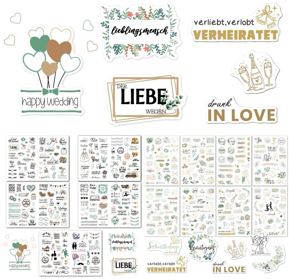 Inovra - 496 stuks/13 vellen stickers bruiloft gastenboek, vintage, bruiloftsstickers Love stickers voor scrapbook voor gastenboek en bruiloftsalbum