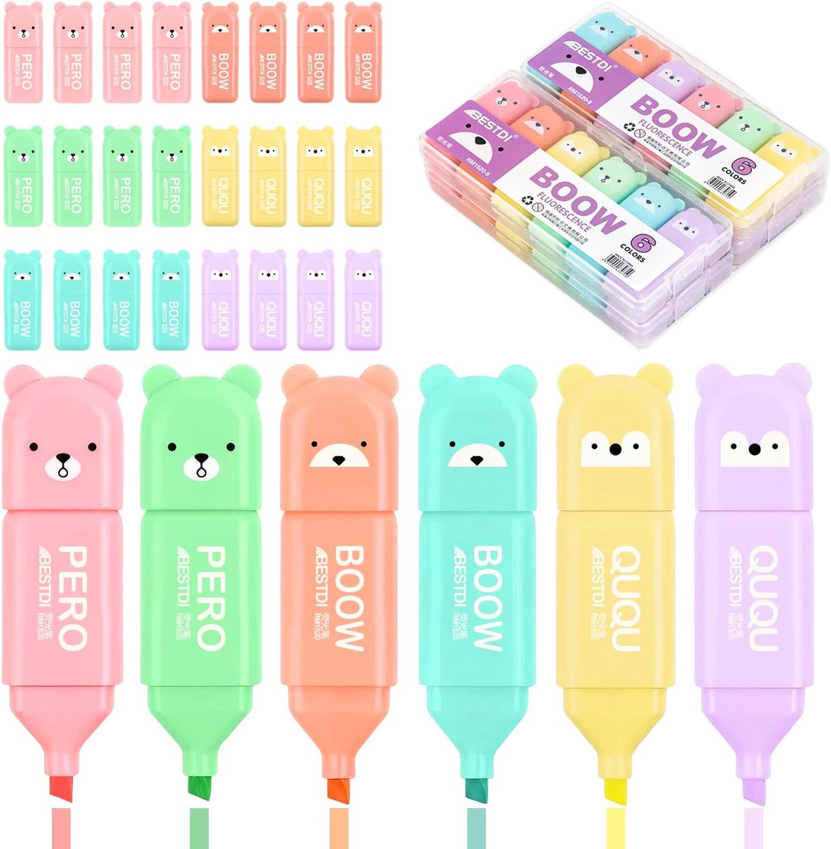 Thijox - 24 Stuks Mini-Markeerstiften Pastel, Schattige Cartoonbeer Highlighters, Grappige Kantoormaterialen, Lichtgevende Stiften voor Kinderen en Vo