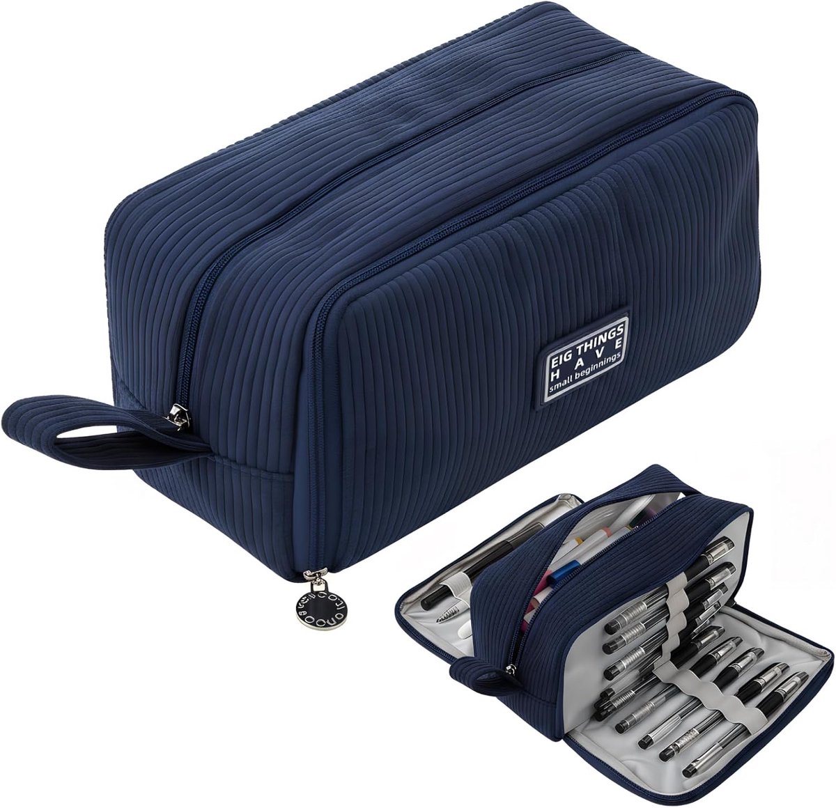 Thijox - Corduroy Pennenetui met 3 Vakken, Grote Capaciteit, Esthetische Duurzame Etui voor School, Kantoor en Dagelijks Gebruik, Marineblauw, 22.5 x