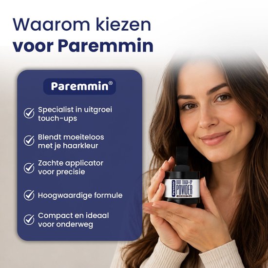 Een glimlachende vrouw met een potje Paremmin Root Touch-Up Poeder in haar hand.