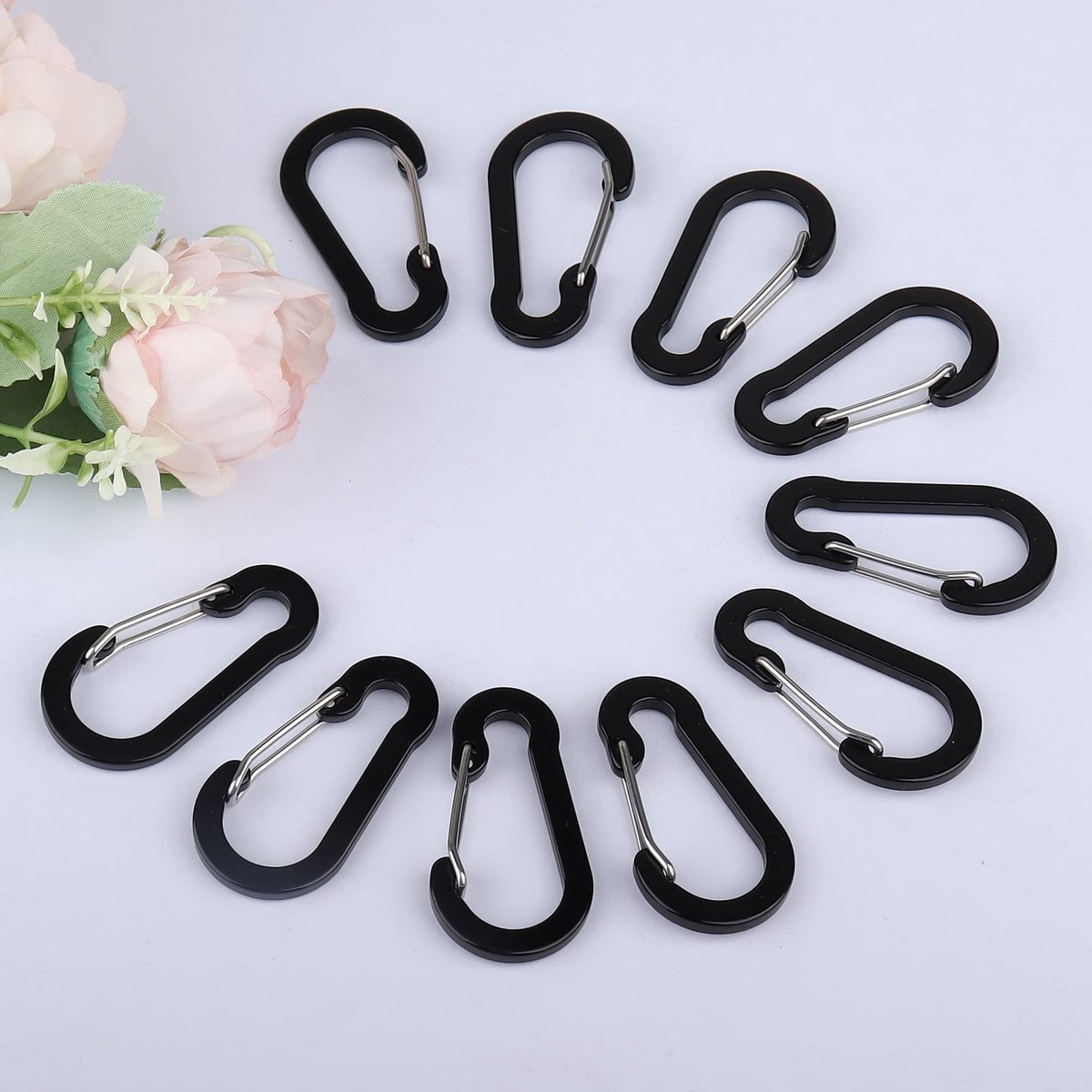 Inovra- Karabijnhaak D-vormig - Mini/klein - Aluminium - Zwart - Lichtgewicht - Set van 10 - Haak