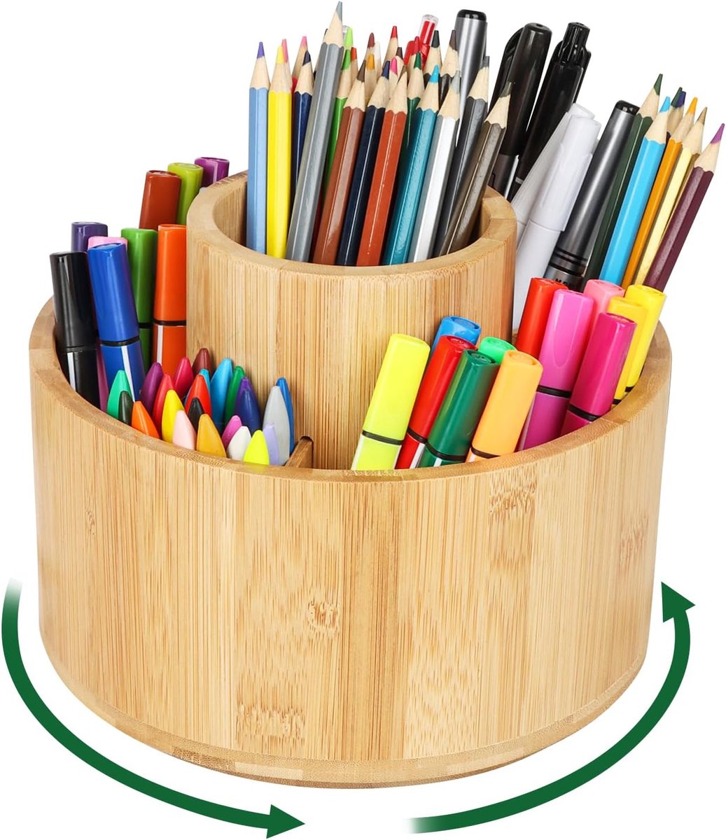 Thijox - Cinnani Pennenhouder voor Desk, Kantoor, School, Creatief Gebruik, Houten Design, Multifunctioneel, 4 Vakken, Modern en Stijlvol, Bruin