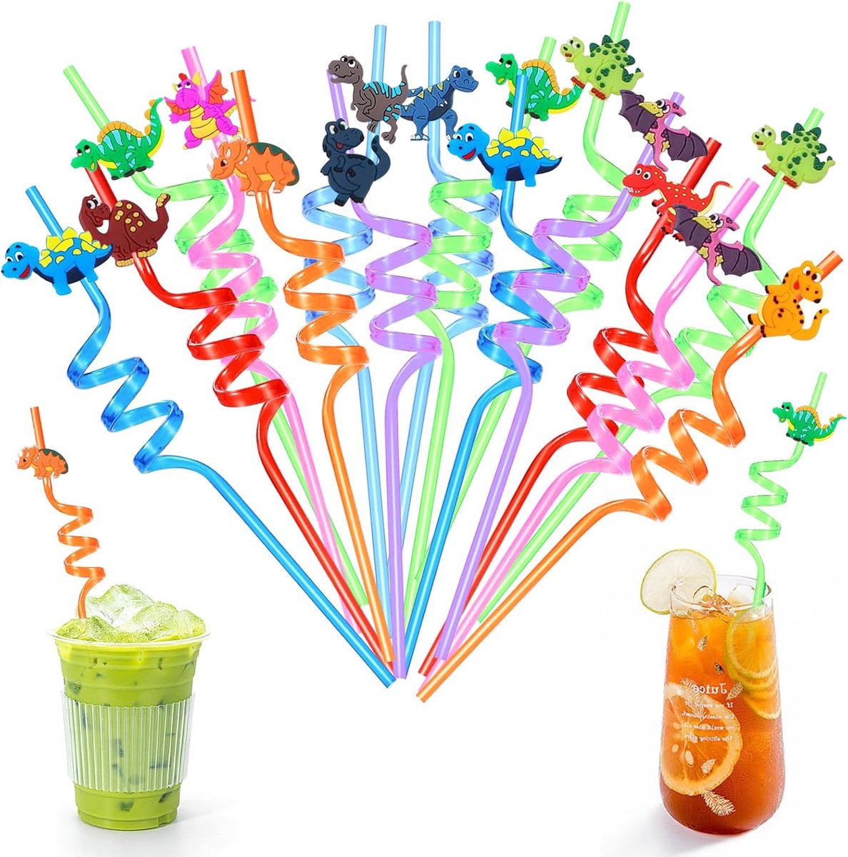 Dailygoods- Rietjes 16 Stuks - Herbruikbaar - Plastic - Dinosaurus - Kleurrijk - Milieuvriendelijk - Feestrietjes