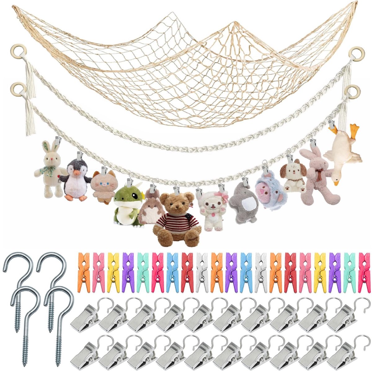 Dailygoods- Opbergnet Bohemian Macramé - Hangende Opberger - Opberg Etui - Knuffels - Decoratie - 40 Clips - 2 m Pluche Dier - Opbergnetten