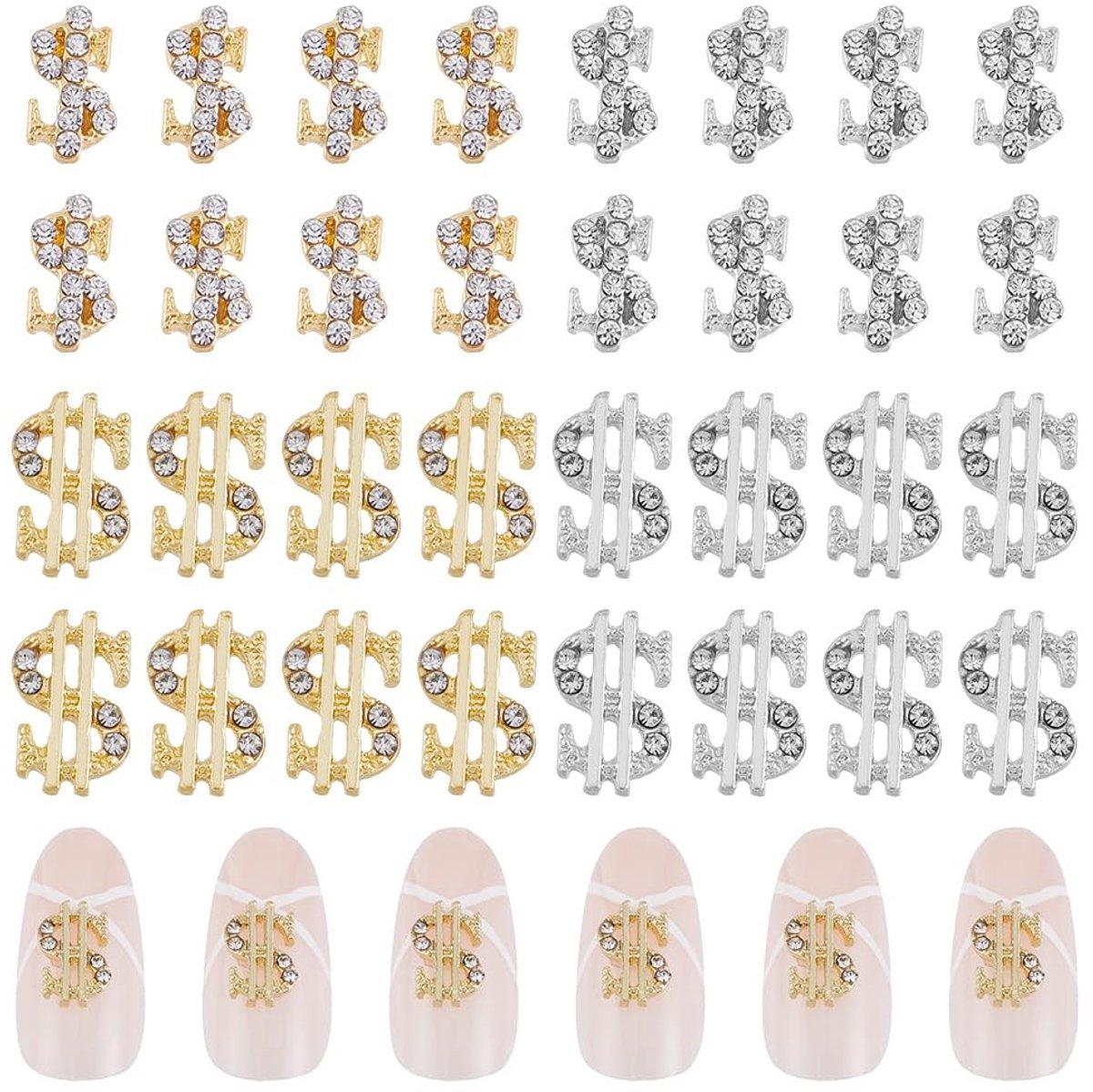 Dailygoods- Nail Art Steentjes Set 32 Stuks - Dollar Nail Charms - Legering en Strass - Decoratie Accessoires - Sieraden Maken - 2 Kleuren - Nagelversiering