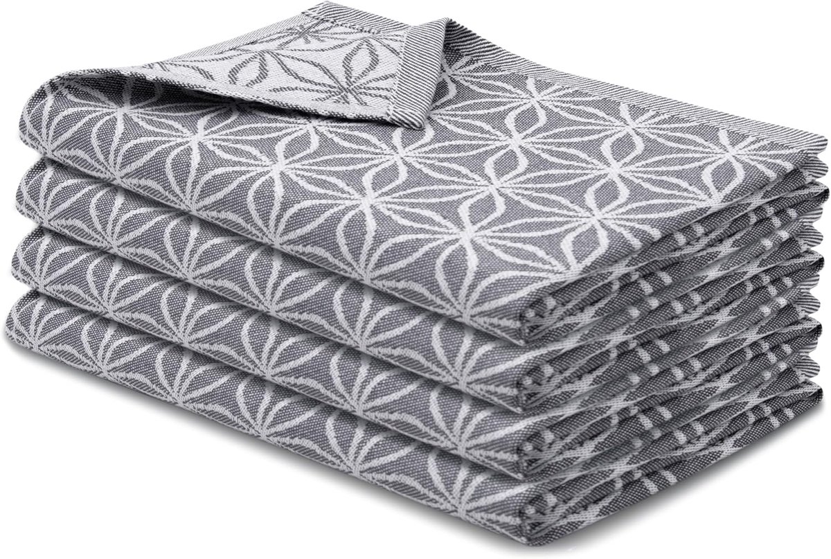 Thijox - Set van 4 theedoeken, 100% katoen, grijs, 50 x 70 cm, vaatdoeken voor keuken, camping en huishouden, optimaal absorptievermogen, duurzaam en
