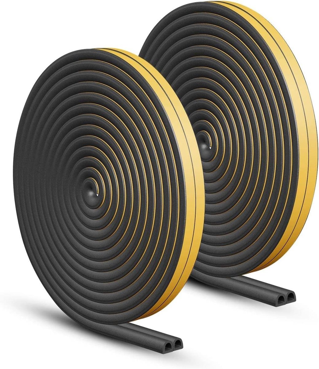 Zelfklevende Schuimrubber Afdichtingstape voor Deuren en Ramen - Weerbestendig, Geluidsdemping en Koudeafscherming, 20 Meter Lang, D-Type Zwart, 9mm x 6mm