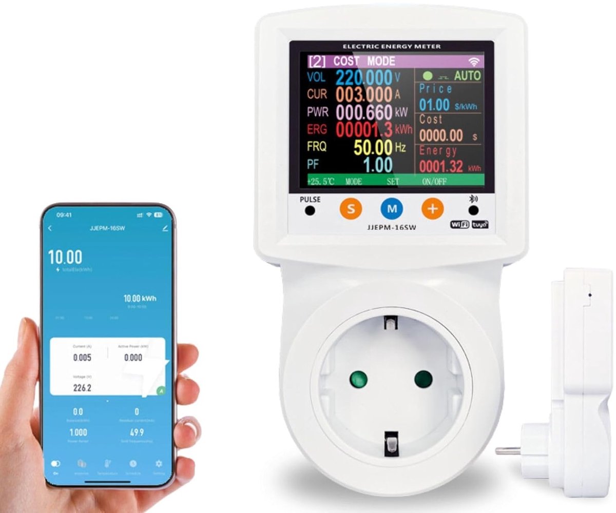 SnelShoppen - Slimme Wifi Power Meter 16A 230V - Energie Cost Meter met LCD Scherm - 8 Modus Energie Verbruik Meter voor Thuisgebruik - Remote Control