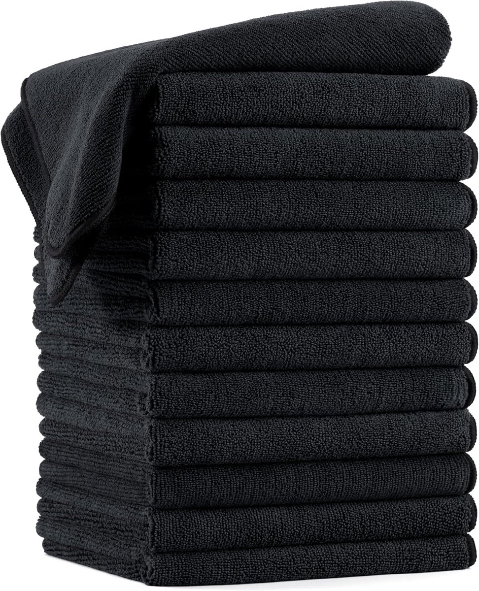 Thijox - Professionele sneldrogende pluisvrije microvezel haardrogende salonhanddoeken 40,6 x 73,7 cm, 12 stuks in zwart - Ideaal voor kappers, thuisg