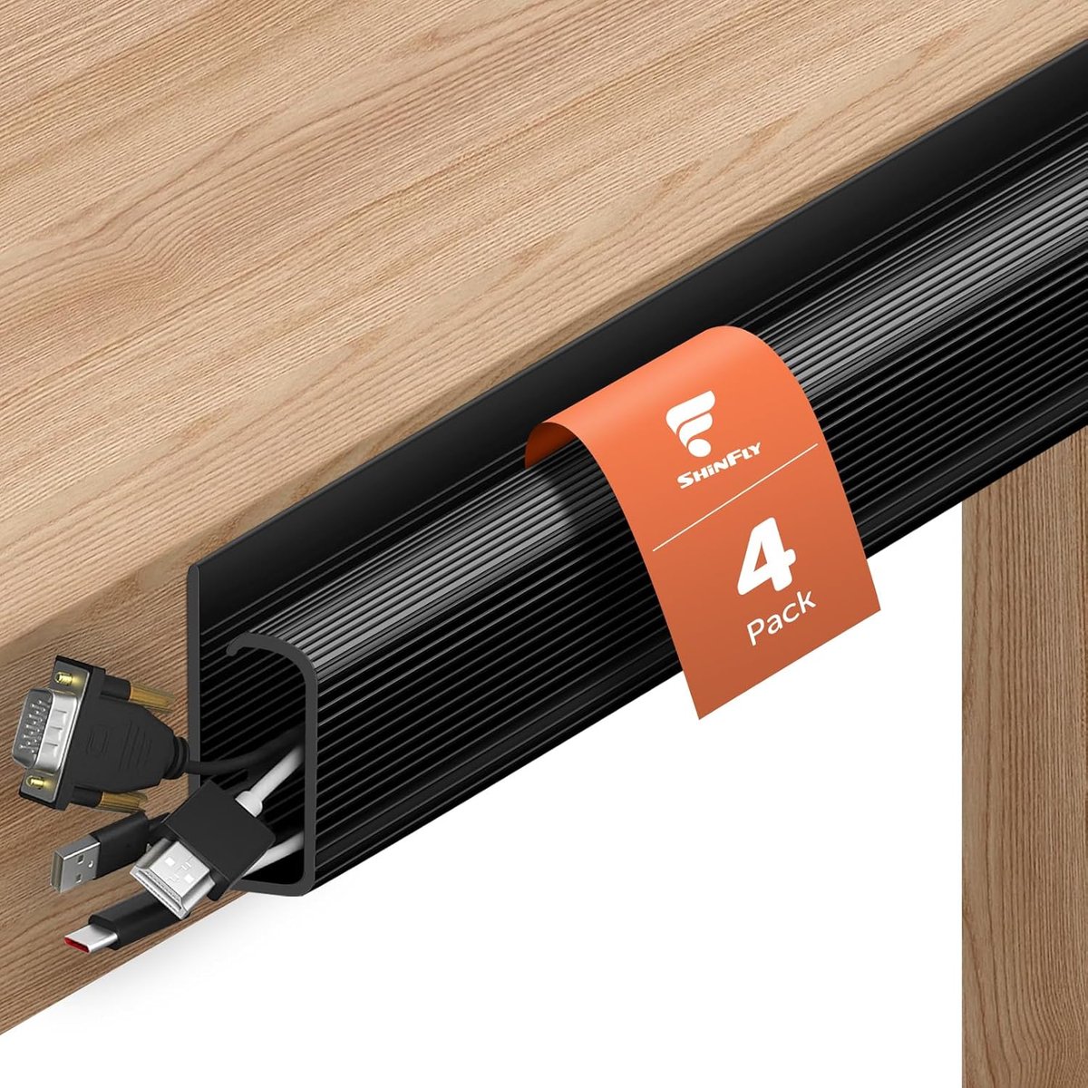 SnelShoppen - Desk Management Cables - 4 x 40cm Onder Bureau Kabelgoot - J Kanaal Kabel Race Zwart voor PC en TV - 40cm(L) x 2.5cm(W) x 5cm(H)