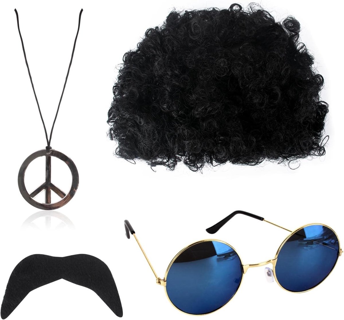 Vintage Hippie Kostuum Set met Funky Wigs, Zonnebril, Baard en Vredesteken Ketting voor 60s-70s Themafeesten en Retro Festivals