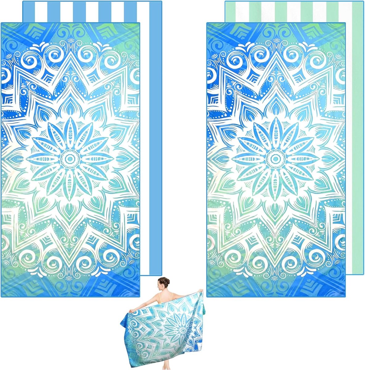 Thijox - 2-pack microvezel strandlakens voor volwassenen 180x90 cm, sneldrogend, zandvrij, dubbelzijdig design, ideaal voor strand, zwemmen, sporten e