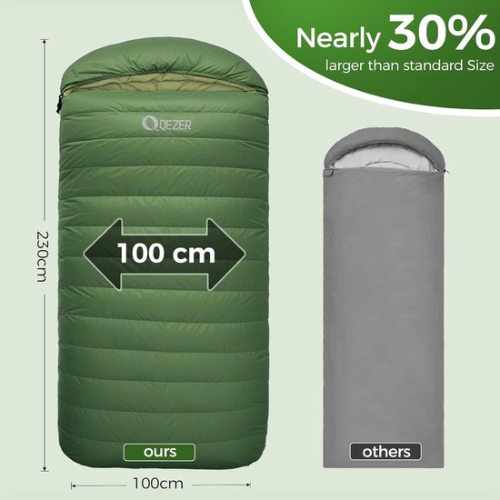 SnelShoppen - XXL Donsslaapzak 3-4 Seizoenen, Extra Grote Slaapzak 230 cm x 100 cm, Licht en Warm, Dons Slaapzak voor Volwassenen, Outdoor, Kamperen, — afbeelding 3