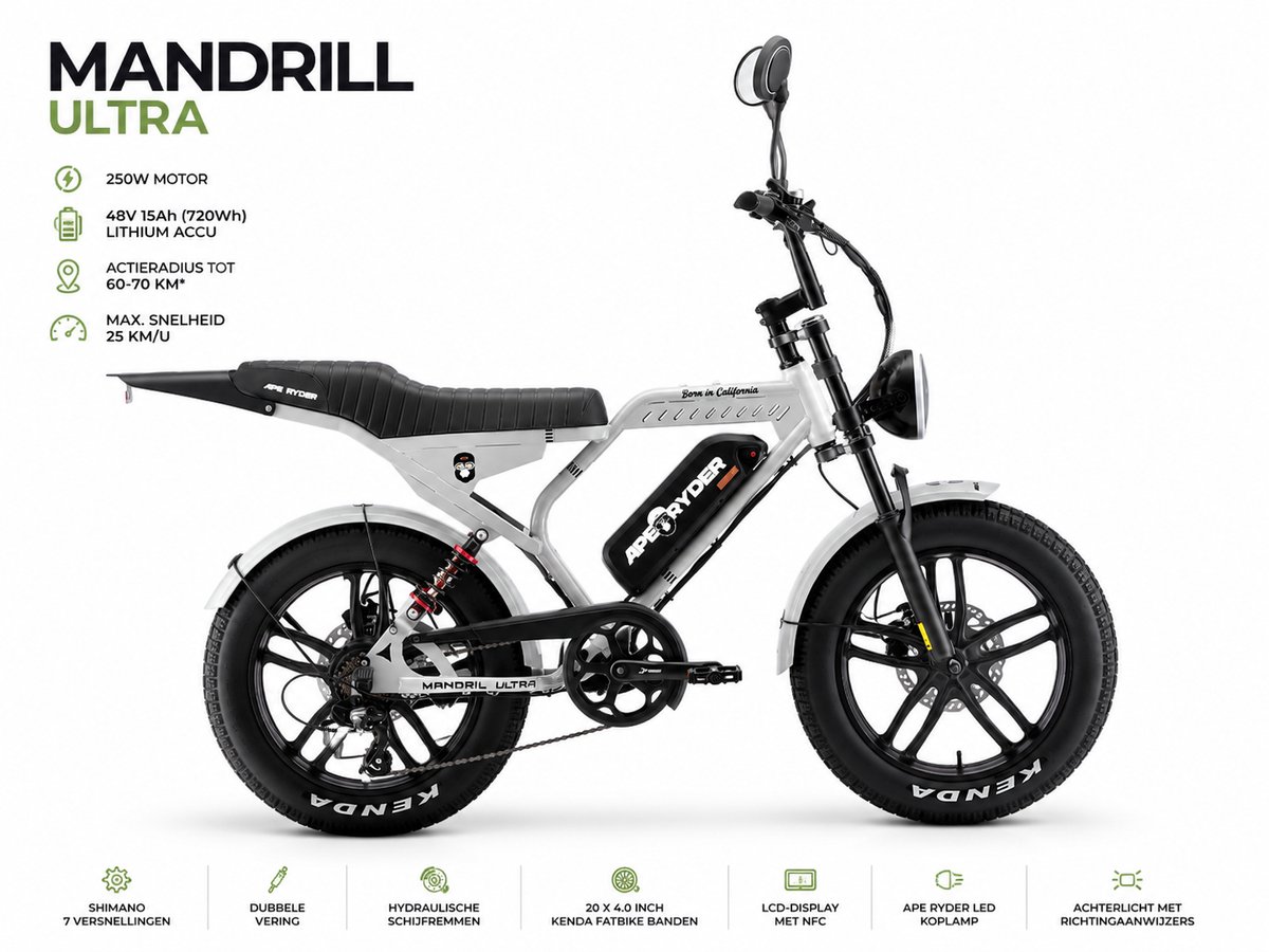 Ecowielen Mandrill Ultra Elektrische Fatbike 250W - 48V 15Ah - Actieradius 60-70 km - 20 Inch - Shimano 7 Versnellingen - Hydraulische Schijfremmen