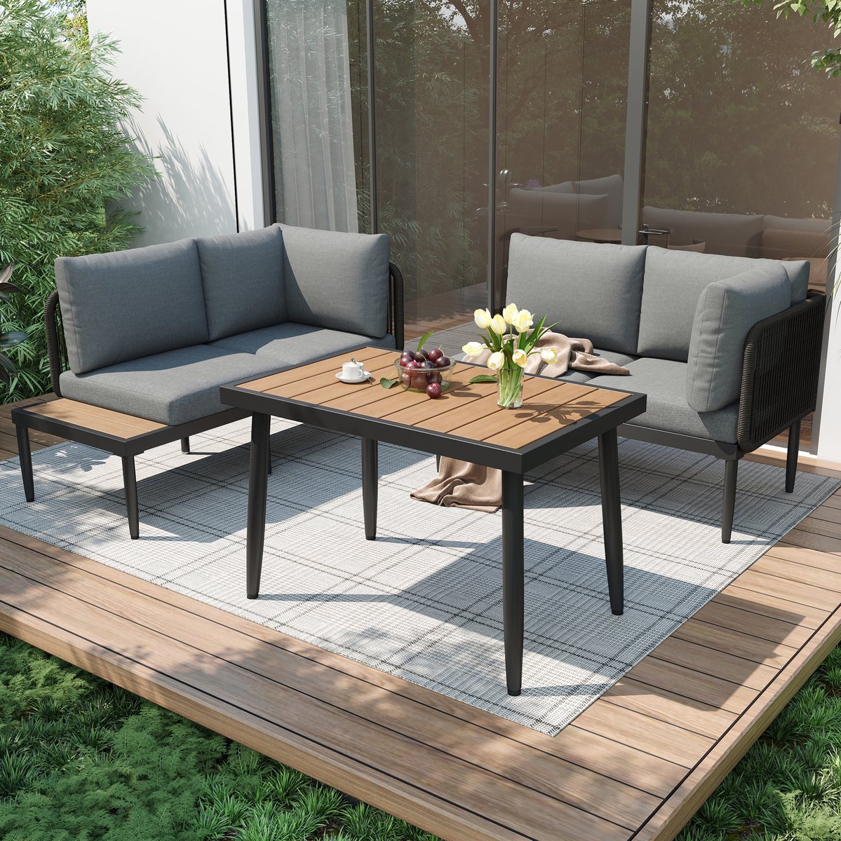 DESMIU Tuinset 178 x 139 cm - Hoekbank Met Eettafel En Kussens - Voor Terras, Balkon En Tuin - Olefin En Gegalvaniseerd Staal - Grijs