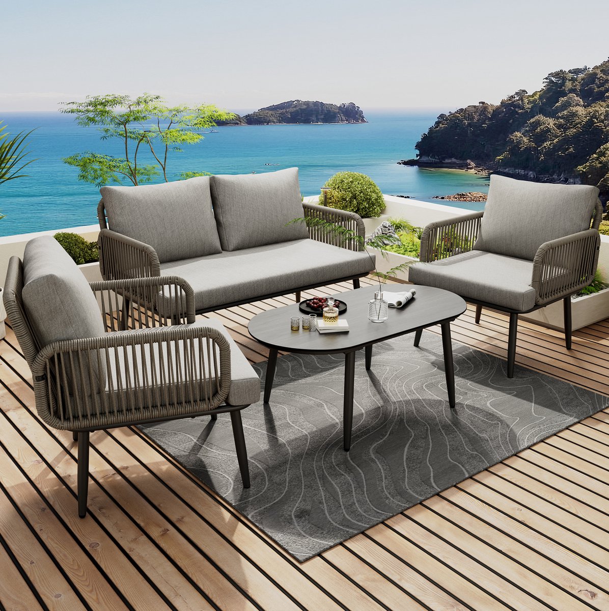 DESMIU Loungeset 4-Zits - 2-Zitsbank Met 2 Fauteuils En Salontafel - Met Kussens - Voor Tuin, Balkon En Terras - Verzinkt Staal Grijs