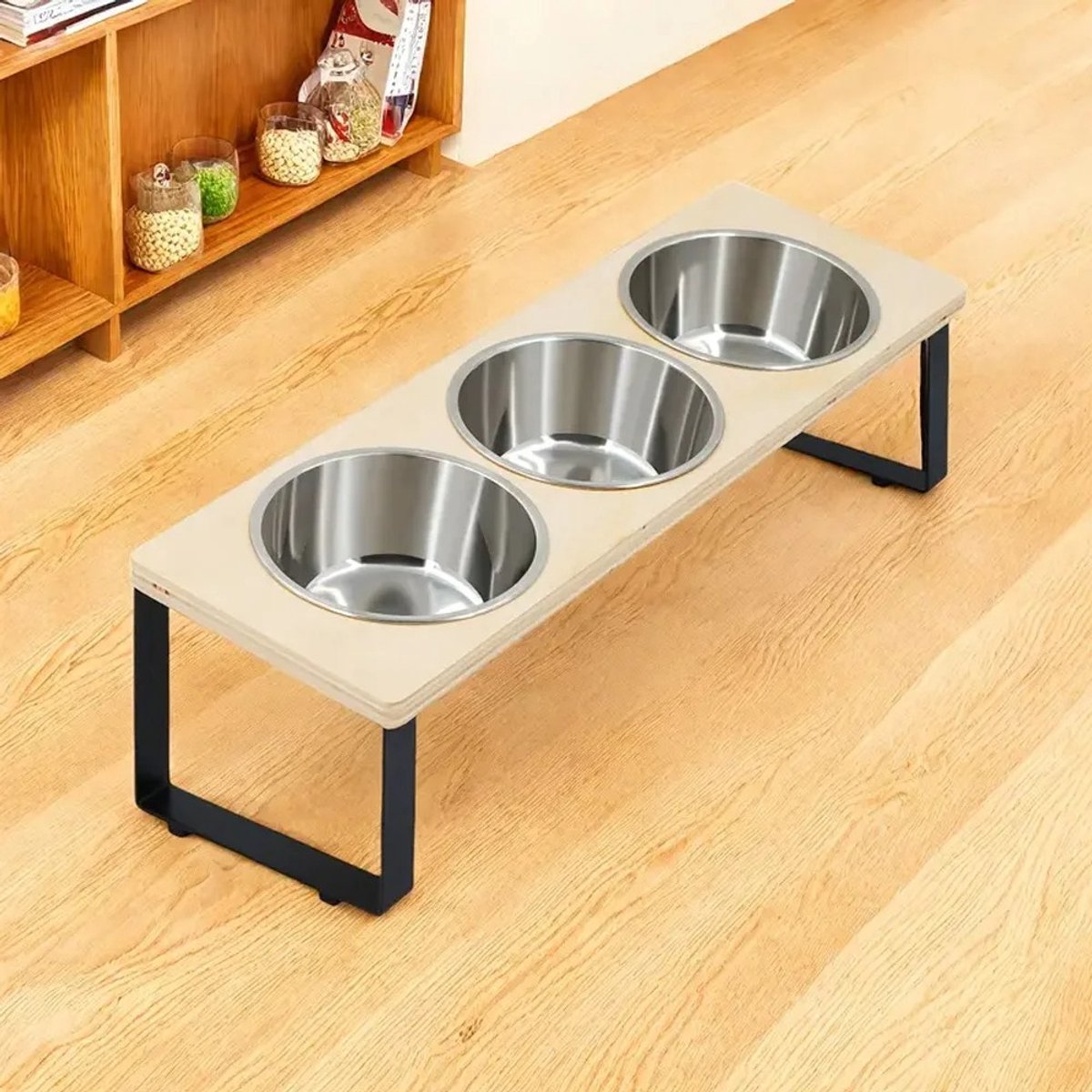 Novyro Living - Verhoogde voerbak - Kat - 3 RVS kommen - 15° Gekanteld - Anti Braken - Hout - Voerstation - Hond - Puppy