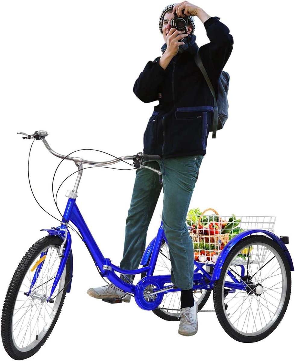 Driewieler Fiets - Volwassen Driewieler - Boodschappen Doen - Inclusief Opbergmand - 24 Inch - Blauw
